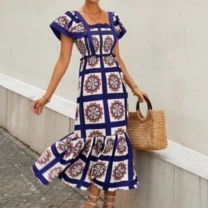 contemporary Floral Shirred Dress with Mermaid hem & Butterfly Sleeve - blue